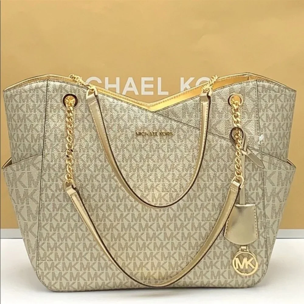 MICHAEL KORS LARGE X CHAIN SHOULDER TOTE BAG PALE GOLD COLOR